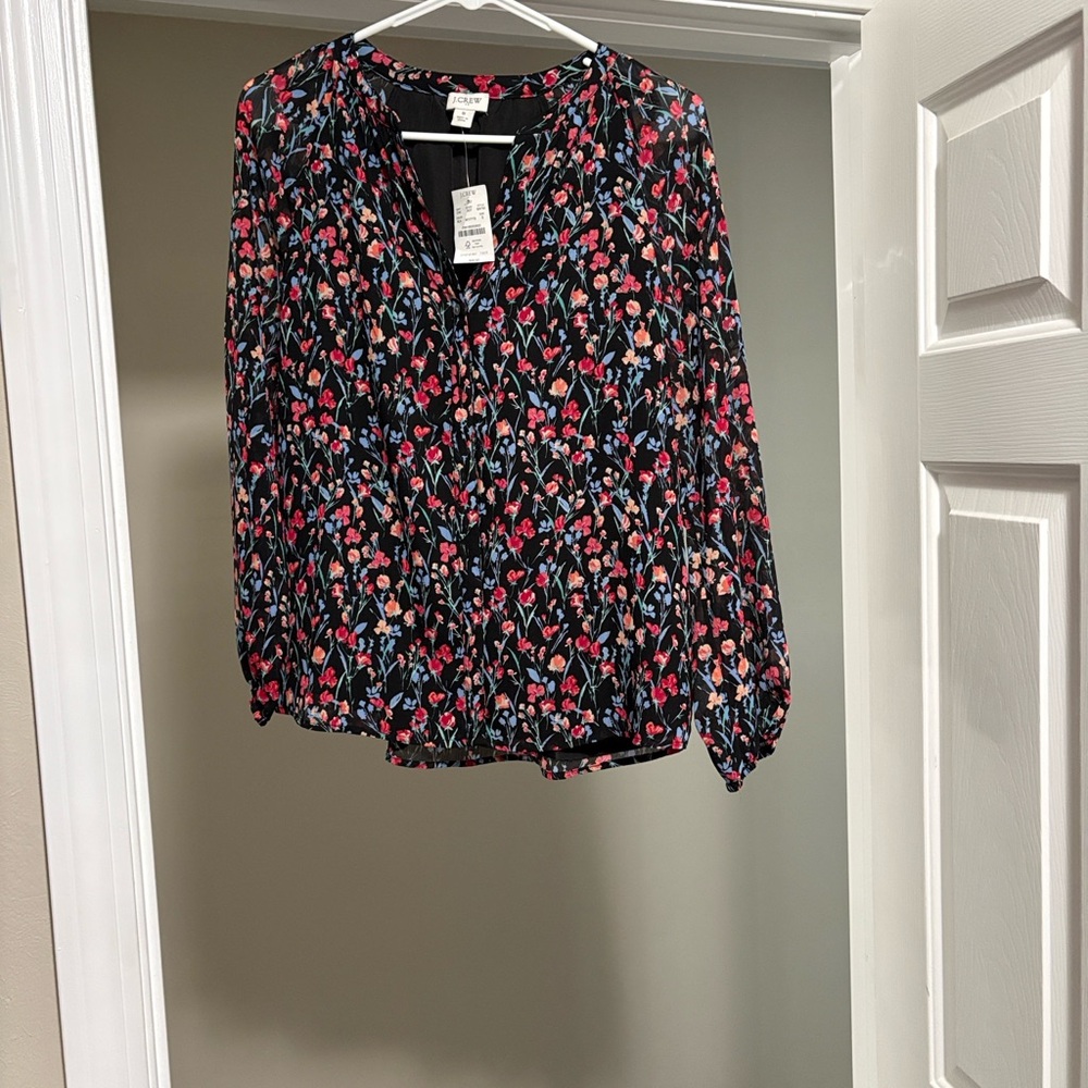 J. Crew Black Floral Blouse with Red and Blue Accents
